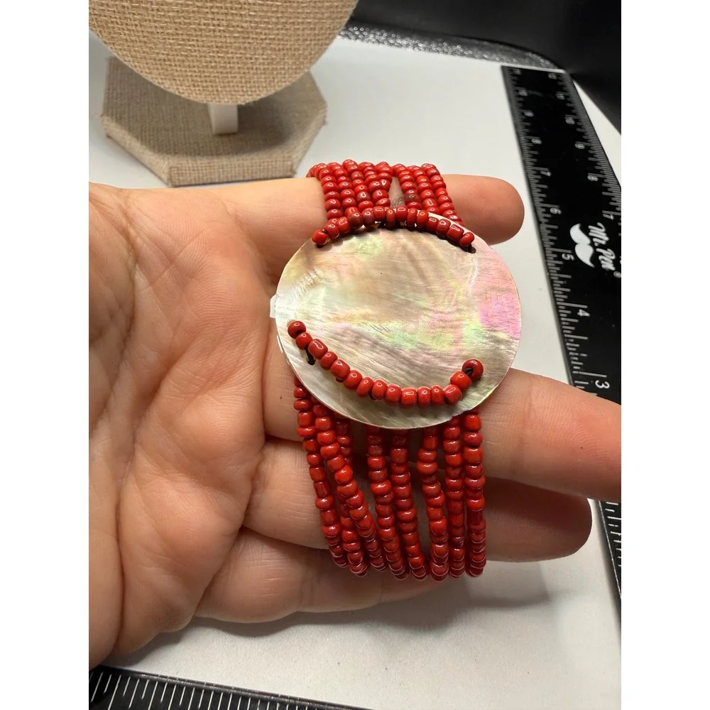 Red Seed Bead Multi Strand Bracelet Mother‎ of Pearl Shell Iridescent Statement